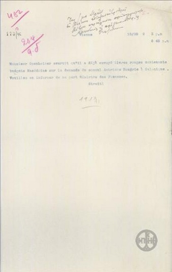 Telegram from G. Streit to the Ministry of Foreign Affairs regarding the dispatch of the Red Books with the budgets of Macedonia.