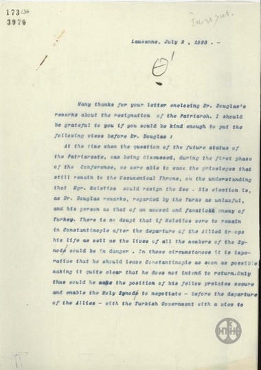 Επιστολή του Ε.Βενιζέλου προς τον A.Crosfield σχετικά με το μέλλον του Οικουμενικού Πατριαρχείου.