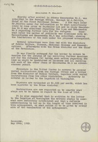 Memorandum from B. P. Salmon regarding the interviews he had with Ministers.