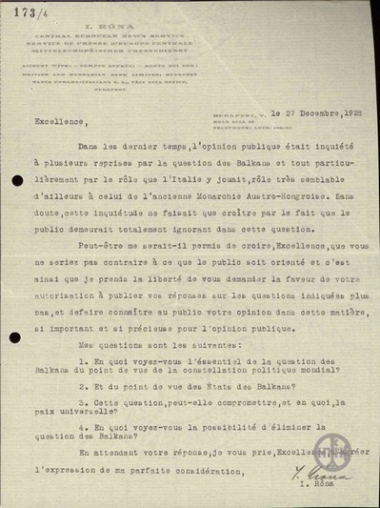 Επιστολή του Ίμρε Ρόνα προς τον Ε.Βενιζέλο με την οποία του θέτει τέσσερα ερωτήματα σχετικά με την εξωτερική πολιτική.