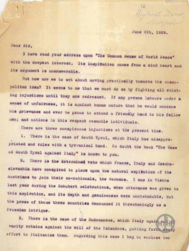 Letter from A. Pallis to H. G. Wells regarding his article 