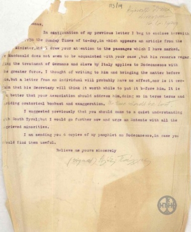 Letter from A. Pallis to Moschonas regarding the issue of the Dodecanese.