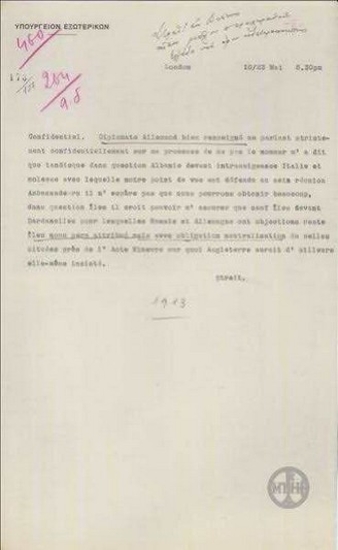 Telegram from G. Streit to the Ministry of Foreign Affairs on the issue of the islands.