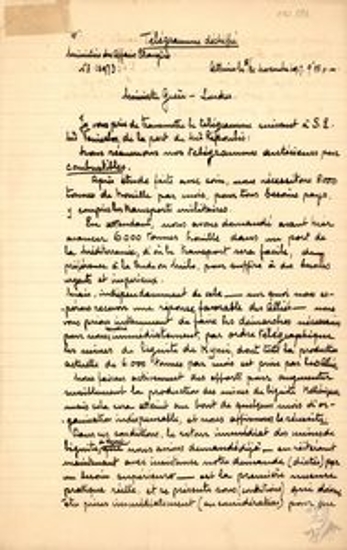 No. 16973 deciphered telegram by the Minister of Foreign Affairs, Nicolaos Politis, addressed to the Greek Embassy in London conveying a message from Emmanuel Repoulis, Deputy Prime Minister to Prime Minister Eleftherios Venizelos regarding the country's great needs in coal and lignite and asking him to take all the necessary actions to bring the lignite mines of Kymi back under Greek control, since their production is retained by the Allies.