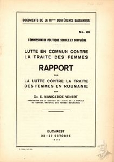 Document No. 26 of the Committee of Social Policy and Health of the 3rd Balkan Conference organized between October 22 and 29, 1932 in Bucharest, concerning an exhibition by Dr. E. Manicatide Venert, on the fight against human trafficking of women in Romania.