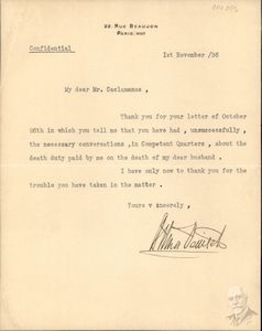 Confidential Letter by Elena Venizelou to Dimitrios Kaklamanos thanking him for his letter dated October 26, 1936 regarding the inheritance tax she paid after the death of her husband Eleftherios Venizelos.