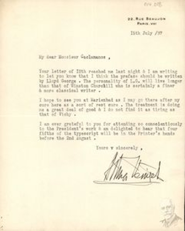 Letter by Elena Venizelou to Dimitrios Kaklamanos in which she tells him that she believes that it would be better if the preface to the translation of Thucydides' History of the Peloponnesian War by Eleftherios Venizelos was written by Lloyd George whose personality will last longer than that of Winston Churchill who remains a better and more classic writer.