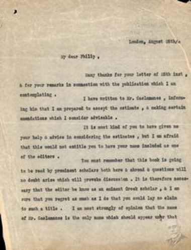 Letter by Elena Venizelou to Philip regarding the publication of Eleftherios Venizelos' translation of the History of the Peloponnesian War.