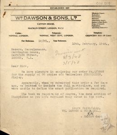 Letter by the wholesale Bookshop ''Wm. Dawson & sons, Ltd'' to Dimitrios Kaklamanos, which concerns their order for the supply of 20 copies of the translation of Thucydides' History of the Peloponnesian War, by Eleftherios Venizelos.