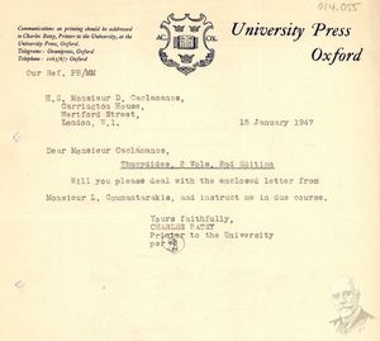 Letter by the Head of the Printing Office of Oxford University Press to Dimitrios Kaklamanos, by which he asks him to reply to the attached Letter by L. Coumantarakis.