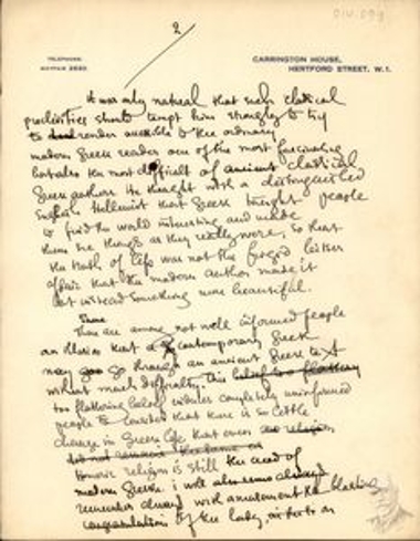 Draft speech by Dimitrios Kaklamanos, regarding a lecture at King's College, London, on the literary achievement of the adaptation of Thucydides in modern Greek by Eleftherios Venizelos.