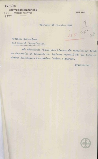 Telegram from Stavropoulos to P. Argyropoulos regarding the automobiles of the Ministry of Finance.