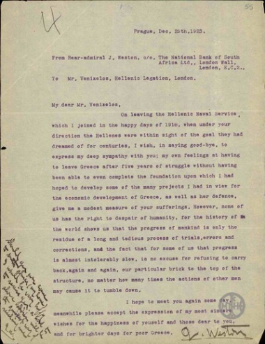 Letter from J. Weston to E. Venizelos, concerning his departure from Greece.