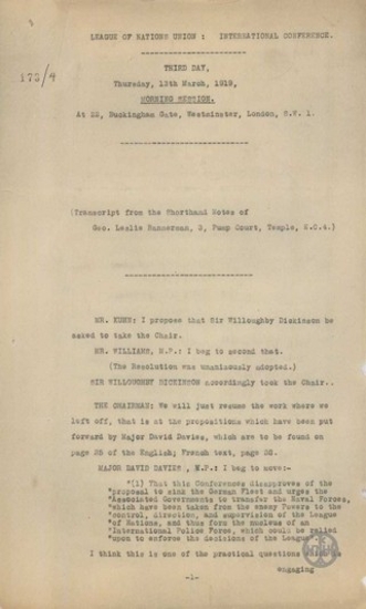 Minutes of the meeting of delegates for  the establishment of the League of Nations.