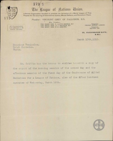 Letter to E. Venizelos regarding the minutes of the conference for the establishment of the League of Nations.