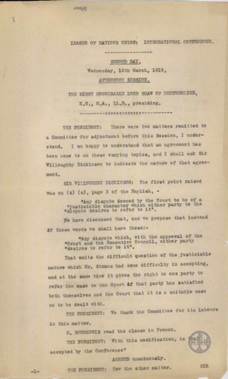 Minutes of the international conference for the establishment of the League of Nations.