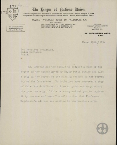 Letter from Griffin to E. Venizelos regarding the minutes of the international conference for the establishment of the League of Nations.