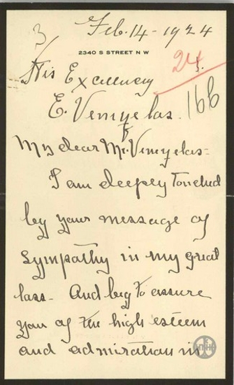 Επιστολή της E.B.Wilson προς τον Ε.Βενιζέλο, με την οποία τον ευχαριστεί για το συλλυπητήριο τηλεγράφημα του για το θάνατο του συζύγου της.