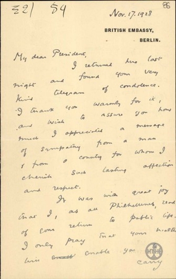 Επιστολή του Επιτετραμμένου της Βρετανίας στο Βερολίνο προς τον Ε.Βενιζέλο, με την οποία τον ευχαριστεί για τα συλλυπητήρια που του απέστειλε.