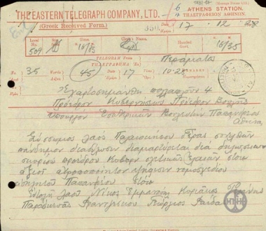 Telegram from representatives of residents of Paleokipos Geras to E. Venizelos, G. Papandreou, G. Zavitsianos and the President of Parliament, protesting against the statement by the President of the Government about oil.