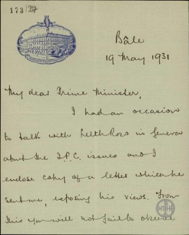 Επιστολή του Η.C.F. Finlayson προς τον Ε. Βενιζέλο με την οποία τον πληροφορεί για τις επαφές και βολιδοσκοπήσεις που είχε με τους F.W. Leith Ross και Siepmann αναφορικά με τα ζητήματα ανάμεσα στην ελληνική κυβέρνηση και την Επιτροπή του Διεθνούς Οικονομικού Ελέγχου.