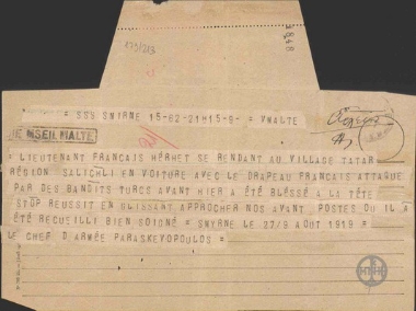 Τηλεγράφημα του Λ.Παρασκευόπουλου προς τον Ε.Βενιζέλο σχετικά με επίθεση εναντίον Γάλλου αξιωματικού.