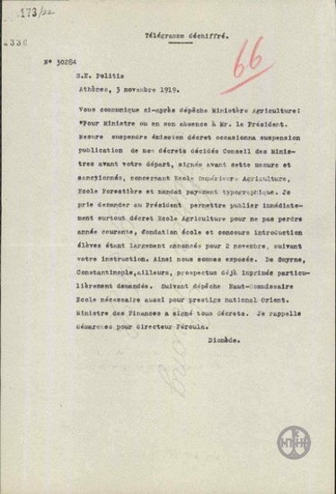 Telegram from A. Diomidis to N. Politis regarding the operation of the Agricultural School.