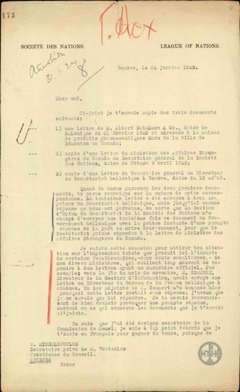 Επιστολή του αντιπροσώπου της Ελλάδας στη Κ.τ.Ε. Α.Αγνίδη προς τον ιδιαίτερο γραμματέα του Βενιζέλου Α.Μιχαλόπουλου με την οποία του διαβιβάζει τρεις επίσημες επιστολές στις οποίες δεν έχει δοθεί απάντηση-αδικαιολόγητα- και με αφορμή αυτό το γεγονός θίγει το φαινόμενο της έλλειψης επαγγελματικής ευσυνειδησίας ορισμένων κατωτέρων υπαλλήλων διαφόρων υπουργείων.