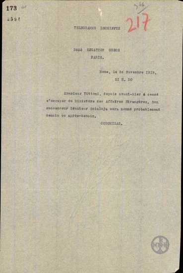 Telegram from D. Korolmilas to the Greek Embassy in Paris regarding the replacement of Tittoni.