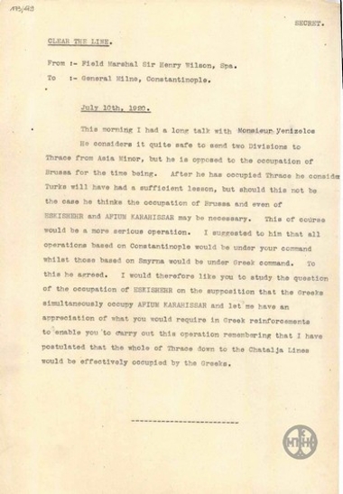 Τηλεγράφημα του H.Wilson προς τον στρατηγό Milne σχετικά με τη γνώμη του Ε.Βενιζέλου σχετικά με τη Θράκη.