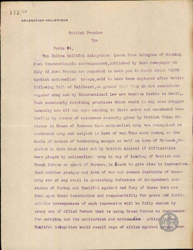 Letter from Mohammed Ali to Lloyd George regarding the anti - Turkish and     anti - Muslim stance of the Allied Powers.