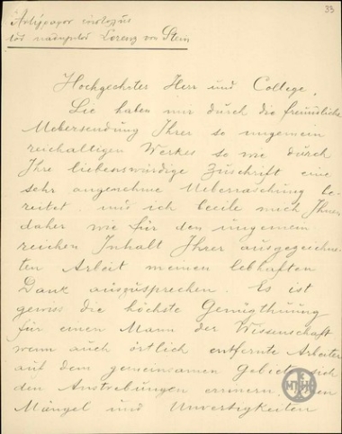 Επιστολή του καθηγητή Lorenz von Stein προς τον Ι. Ζωγράφο σχετικά με τη δημοσιονομική μελέτη που είχε εκπονήσει ο τελευταίος.