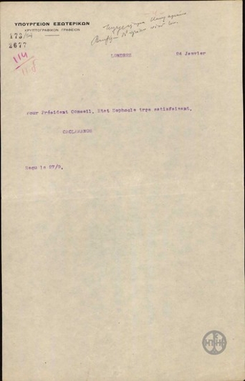 Telegram from D. Kaklamanos to the Ministry of Foreign Affairs for E. Venizelos regarding his son, Sophocles, and the state of his health.