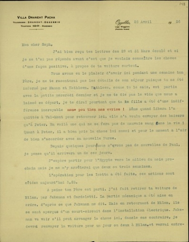 Επιστολή του Εμμανουήλ Ζερβουδάκη προς τον Σοφοκλή Βενιζέλο, στην οποία αναφέρεται σε προσωπικά θέματα.