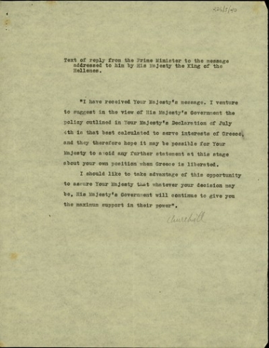 Σημείωμα με την απάντηση του Πρωθυπουργού της Βρετανίας, Winston Churchill, στο μήνυμα του Βασιλιά της Ελλάδας για την πολιτική της ελληνικής κυβέρνησης.