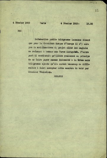 Τηλεγράφημα του Α. Ρωμάνου, στο οποίο αναφέρει ότι οι Άγγλοι δε θα δώσουν στους Τούρκους το Καραγάτς και ότι παραιτούνται από το να μην καταβληθεί αποζημίωση στην Ελλάδα και επισημαίνουν ότι θα υπάρχουν δυσκολίες στο να το δεχτεί αυτή την άποψη ο Βενιζέλος.