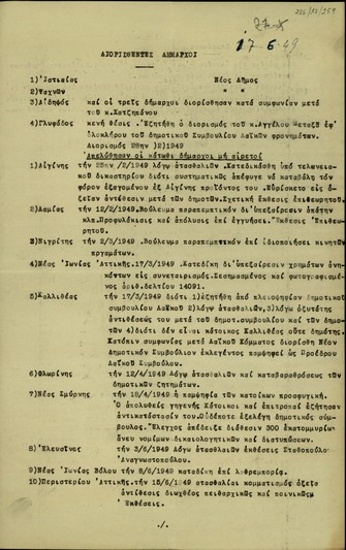 Κατάλογος του Γενικού Γραμματέα Τάσου Κολοκυθά σχετικά με τους διορισθέντες και απολυθέντες δημάρχους.