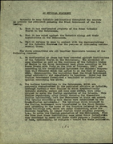 Δήλωση σχετικά με τις κατηγορίες που διατυπώθηκαν σε άρθρα Καθολικών εντύπων εναντίον της ελληνικής κυβέρνησης για τη θέση των Καθολικών στην Ελλάδα.